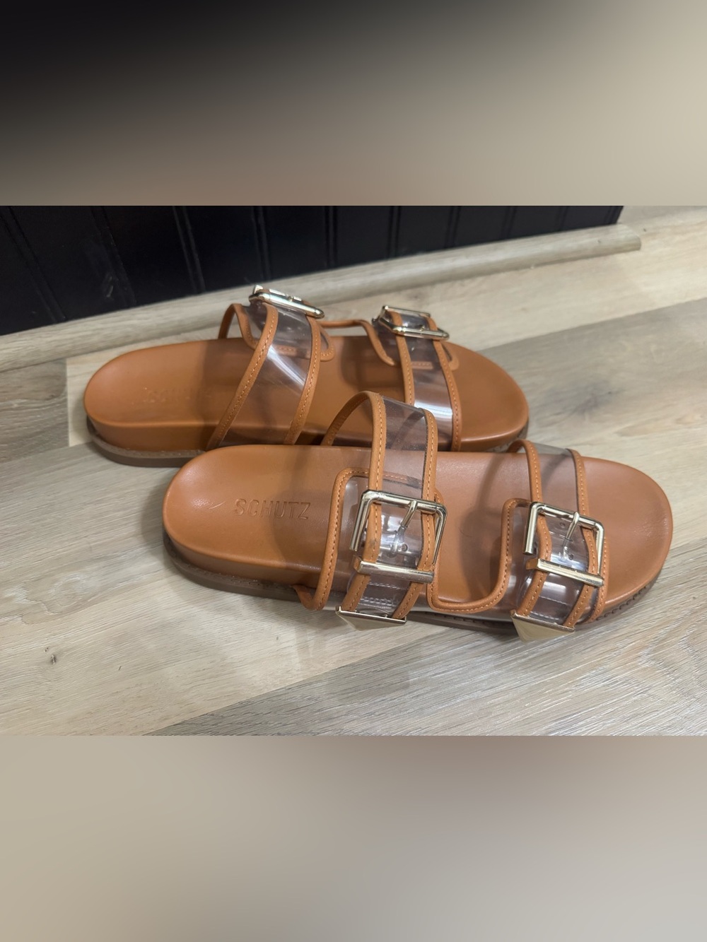 SCHUTZ Tan and Clear Double Buckle Slide Sandals
